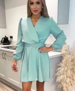 AX Paris Duck Egg Wrap Over Belted Skater Dress