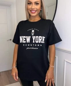 AX Paris Black New York Slogan Oversized T-Shirt