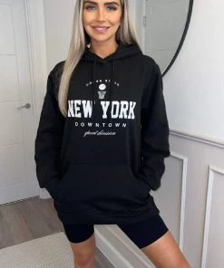 AX Paris Black New York Slogan Hoodie Tops