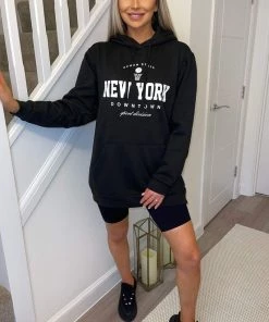AX Paris Black New York Slogan Hoodie Tops