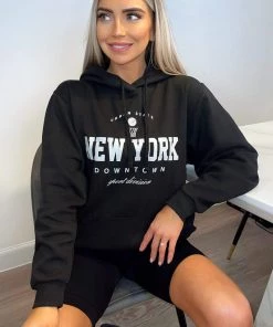 AX Paris Black New York Slogan Hoodie Tops