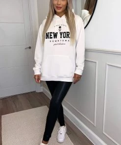 AX Paris Tops Cream New York Slogan Hoodie