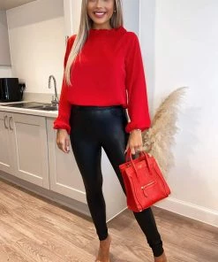 AX Paris Red Ruffle High Neck Long Sleeve Top