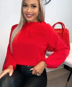 AX Paris Red Ruffle High Neck Long Sleeve Top