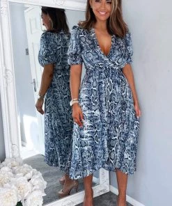 AX Paris Blue Snake Print Tie Side Wrap Midi Dress Dresses