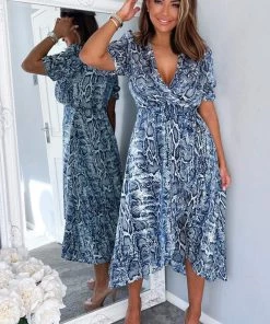 AX Paris Blue Snake Print Tie Side Wrap Midi Dress Dresses