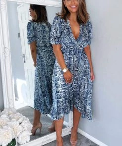 AX Paris Blue Snake Print Tie Side Wrap Midi Dress Dresses 8 AX Paris Blue Snake Print Tie Side Wrap Midi Dress Dresses