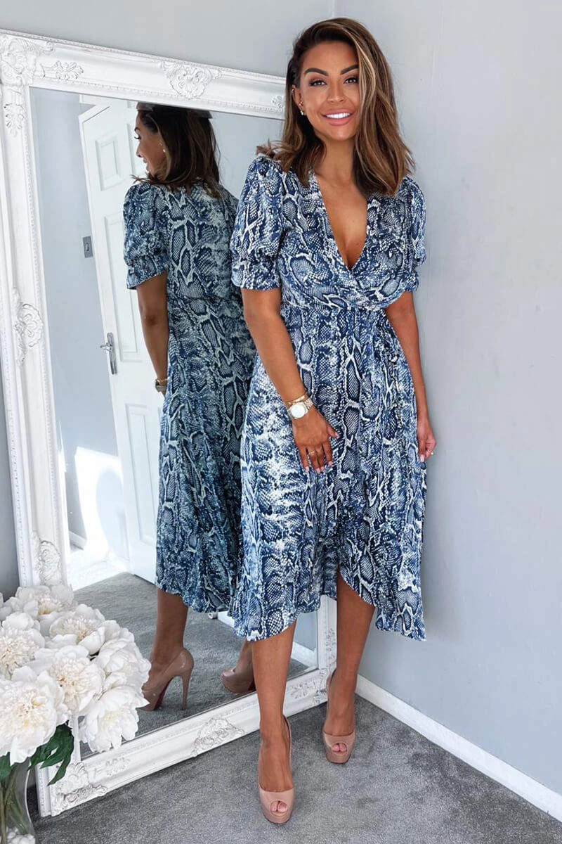 AX Paris Blue Snake Print Tie Side Wrap Midi Dress Dresses 3 AX Paris Blue Snake Print Tie Side Wrap Midi Dress Dresses