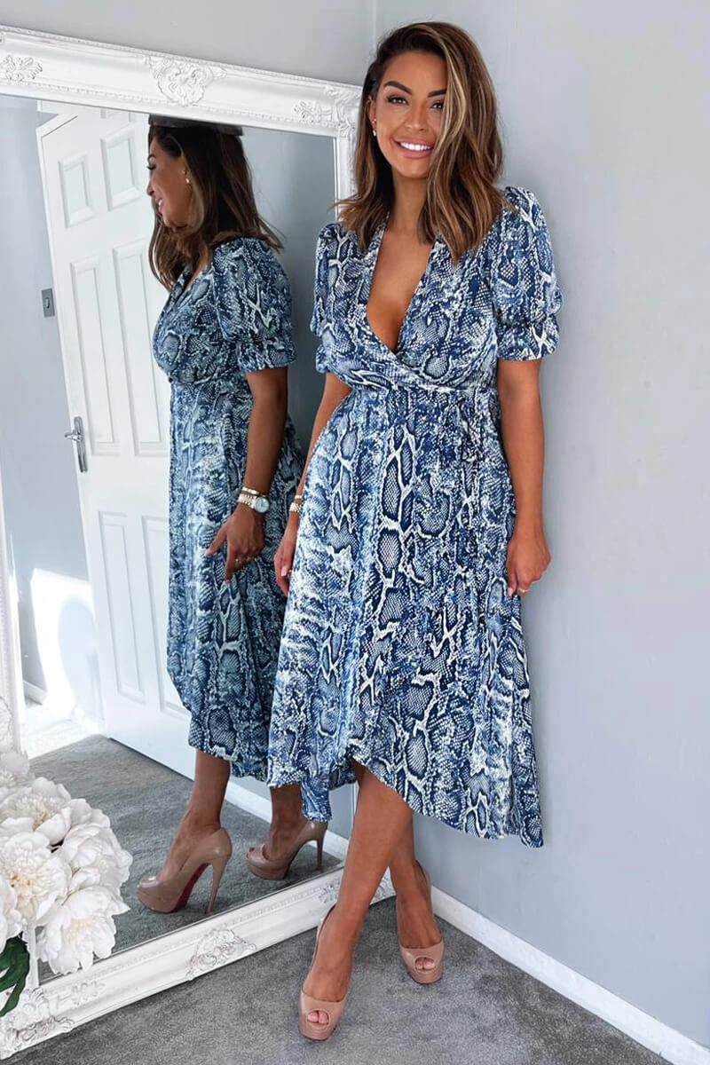 AX Paris Blue Snake Print Tie Side Wrap Midi Dress Dresses 4 AX Paris Blue Snake Print Tie Side Wrap Midi Dress Dresses