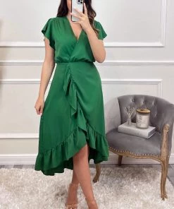 AX Paris Green Wrap Over Frill Hem Short Sleeve Midi Dress Dresses