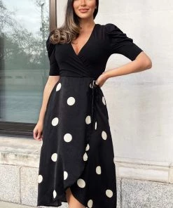 AX Paris Black And Cream Polka Dot 2 In 1 Wrap Over Midi Dress Dresses