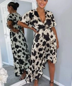 AX Paris Black And Stone Abstract Print Wrap Midi Dress