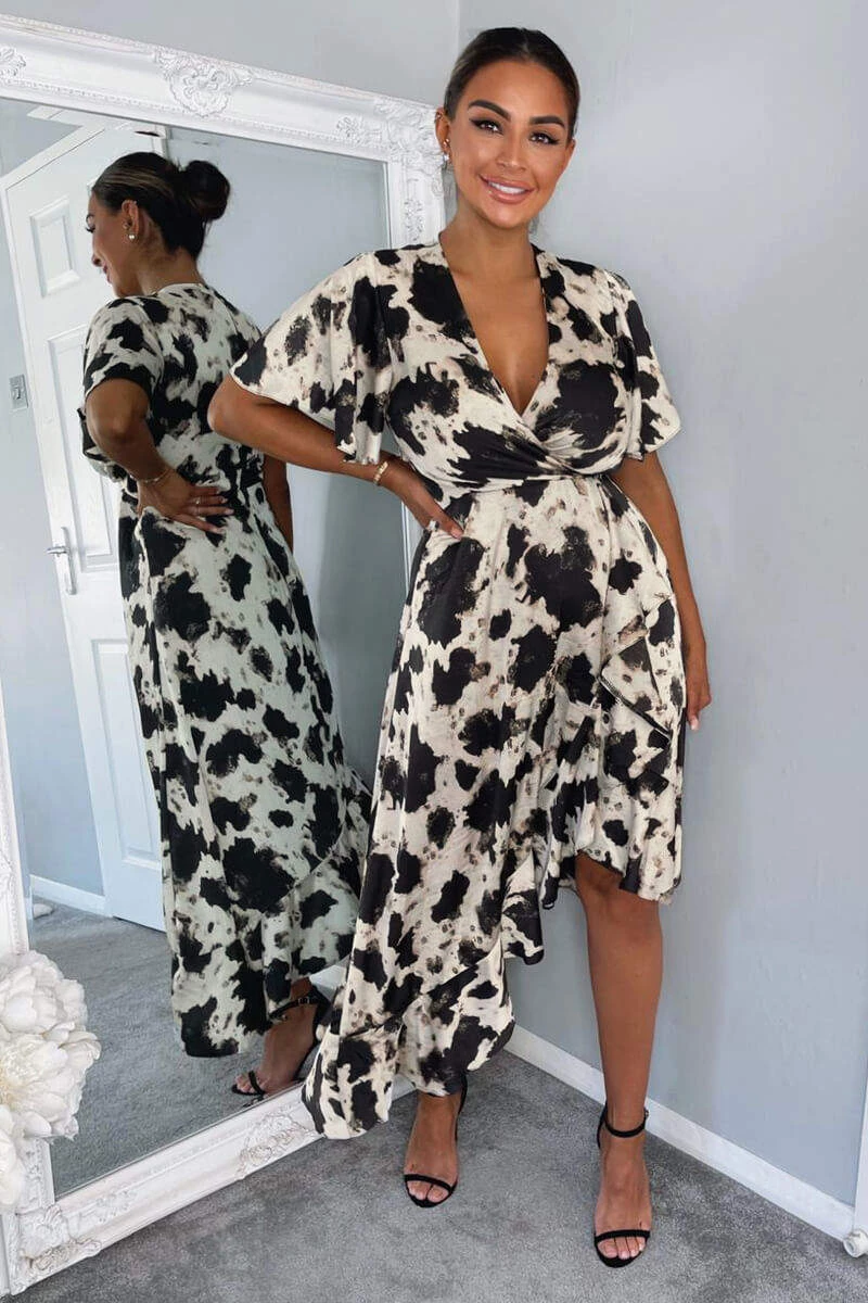 AX Paris Black And Stone Abstract Print Wrap Midi Dress 1 AX Paris Black And Stone Abstract Print Wrap Midi Dress