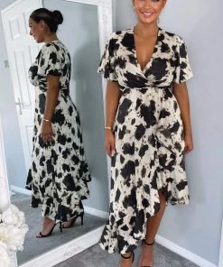 AX Paris Black And Stone Abstract Print Wrap Midi Dress