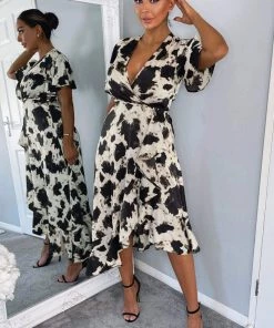 AX Paris Black And Stone Abstract Print Wrap Midi Dress 9 AX Paris Black And Stone Abstract Print Wrap Midi Dress