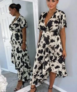 AX Paris Black And Stone Abstract Print Wrap Midi Dress 10 AX Paris Black And Stone Abstract Print Wrap Midi Dress