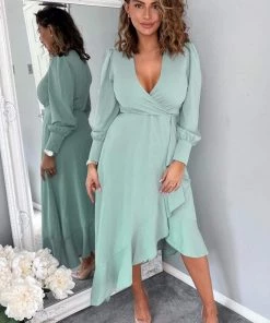 AX Paris Duck Egg Long Sleeve Frill Wrap Midi Dress Dresses