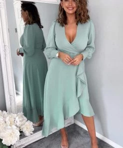 AX Paris Duck Egg Long Sleeve Frill Wrap Midi Dress Dresses