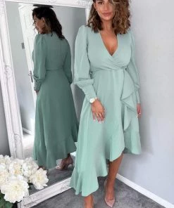AX Paris Duck Egg Long Sleeve Frill Wrap Midi Dress Dresses