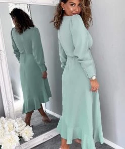 AX Paris Duck Egg Long Sleeve Frill Wrap Midi Dress Dresses