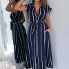 AX Paris Navy Striped Short Sleeve Midi Shirt Dress