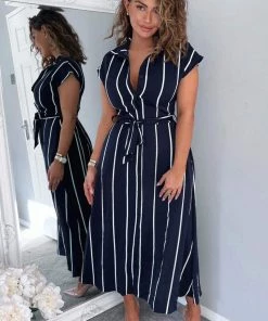 AX Paris Navy Striped Short Sleeve Midi Shirt Dress