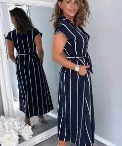 AX Paris Navy Striped Short Sleeve Midi Shirt Dress