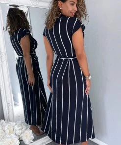AX Paris Navy Striped Short Sleeve Midi Shirt Dress