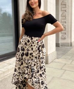 AX Paris Black And Stone Printed 2 In 1 Bardot Midi Dress