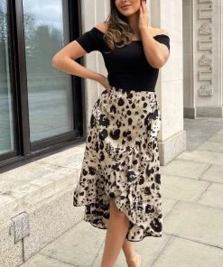 AX Paris Black And Stone Printed 2 In 1 Bardot Midi Dress