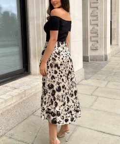 AX Paris Black And Stone Printed 2 In 1 Bardot Midi Dress