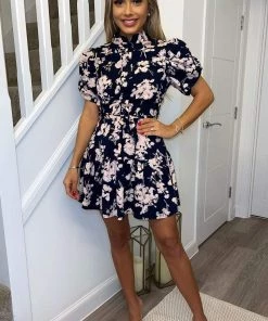 AX Paris Navy And Pink Floral High Neck Button Front Mini Dress Dresses
