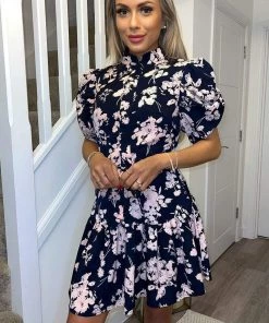 AX Paris Navy And Pink Floral High Neck Button Front Mini Dress Dresses