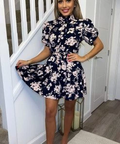 AX Paris Navy And Pink Floral High Neck Button Front Mini Dress Dresses
