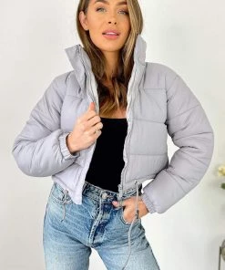 AX Paris Light Grey Cropped Puffer Jacket
