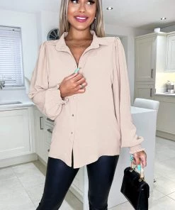 AX Paris Tops Nude Gold Button Up Elasticated Cuff Shirt