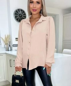 AX Paris Tops Nude Gold Button Up Elasticated Cuff Shirt