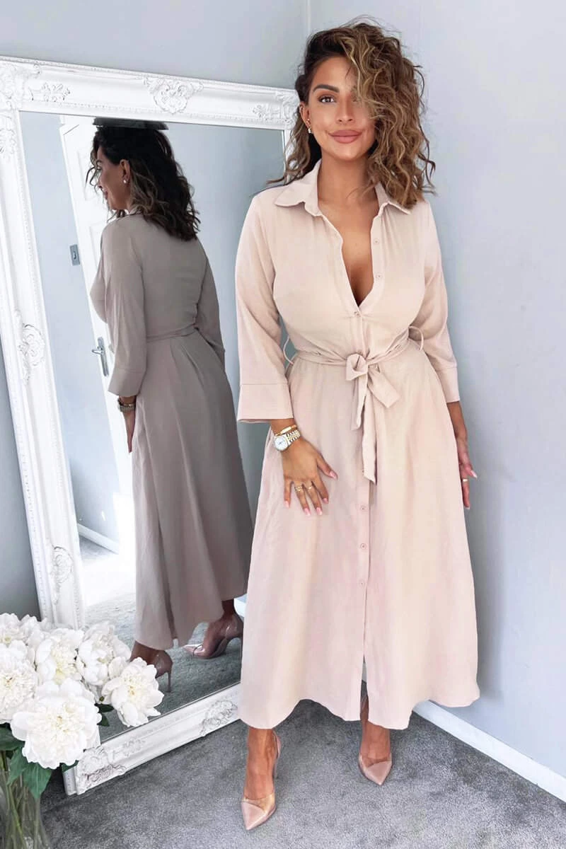 AX Paris Nude Button Up Midi Shirt Dress Dresses 2 AX Paris Nude Button Up Midi Shirt Dress Dresses