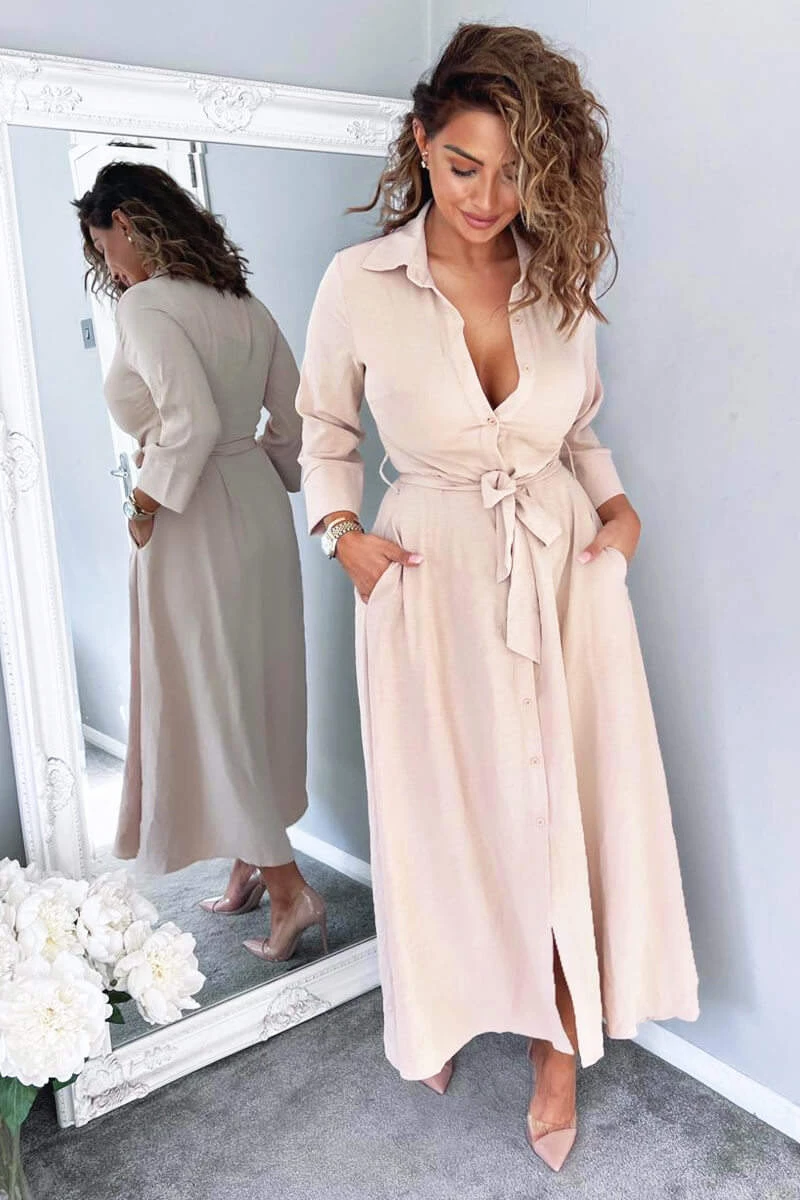 AX Paris Nude Button Up Midi Shirt Dress Dresses 3 AX Paris Nude Button Up Midi Shirt Dress Dresses