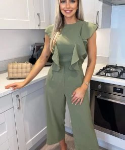 AX Paris Khaki Frill Front Belted Jumpsuit