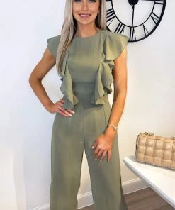 AX Paris Khaki Frill Front Belted Jumpsuit