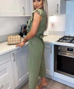AX Paris Khaki Frill Front Belted Jumpsuit