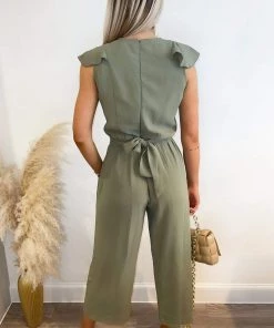 AX Paris Khaki Frill Front Belted Jumpsuit