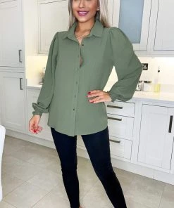 AX Paris Tops Khaki Gold Button Up Elasticated Cuff Shirt