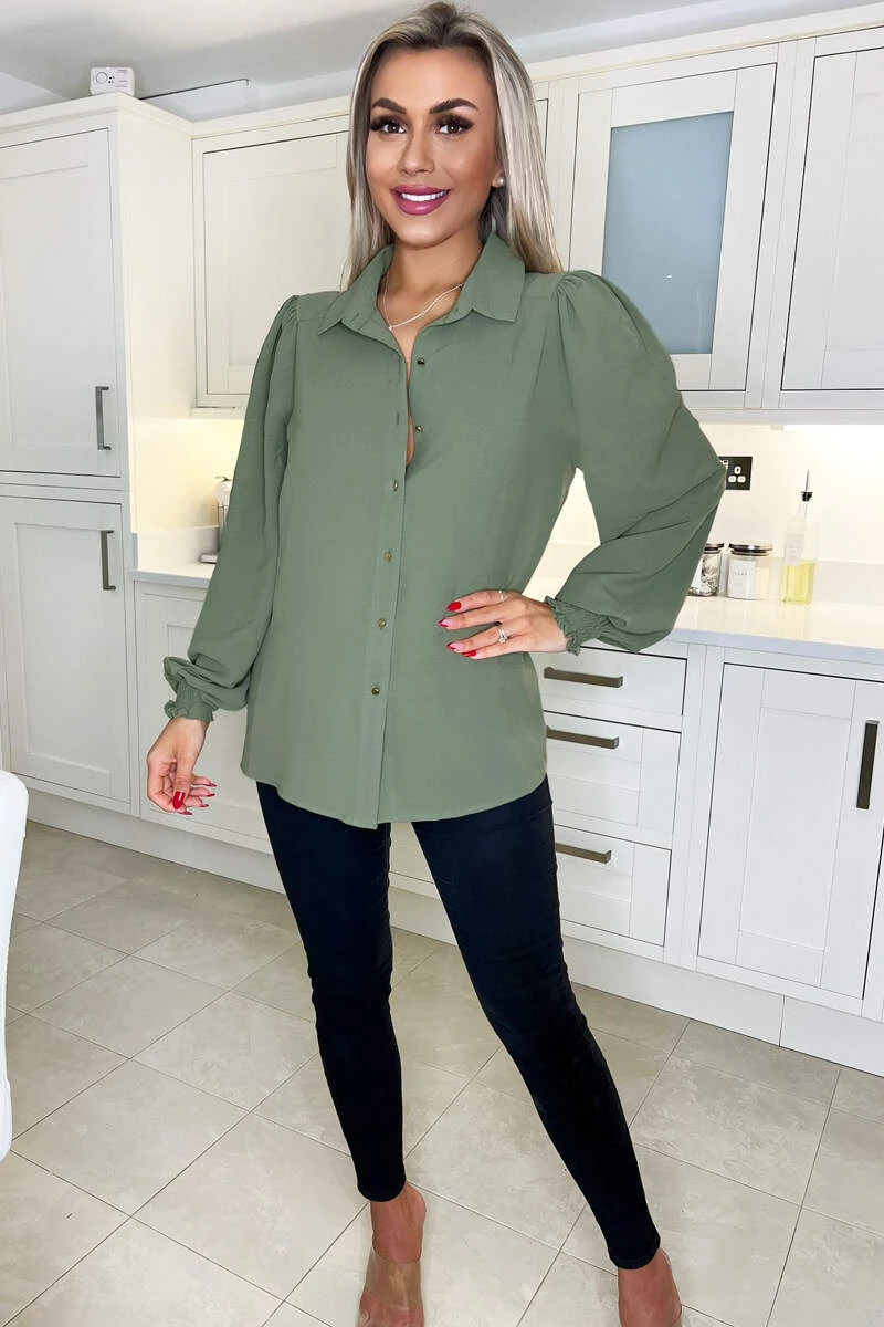 AX Paris Tops Khaki Gold Button Up Elasticated Cuff Shirt 2 AX Paris Tops Khaki Gold Button Up Elasticated Cuff Shirt