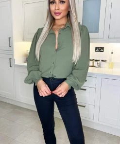 AX Paris Tops Khaki Gold Button Up Elasticated Cuff Shirt 9 AX Paris Tops Khaki Gold Button Up Elasticated Cuff Shirt