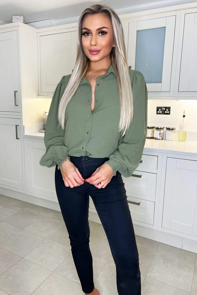 AX Paris Tops Khaki Gold Button Up Elasticated Cuff Shirt 4 AX Paris Tops Khaki Gold Button Up Elasticated Cuff Shirt