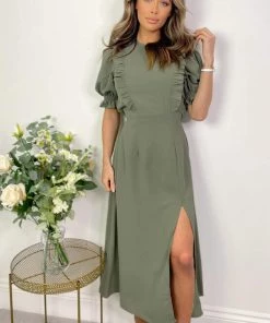 AX Paris Khaki Ruffle Split Leg Midi Dress Dresses
