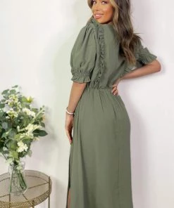 AX Paris Khaki Ruffle Split Leg Midi Dress Dresses