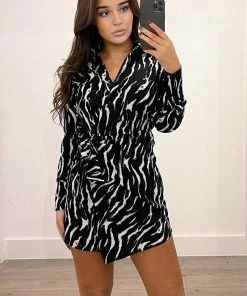 AX Paris Dresses Black And White Printed Tie Wrap Long Sleeve Dress